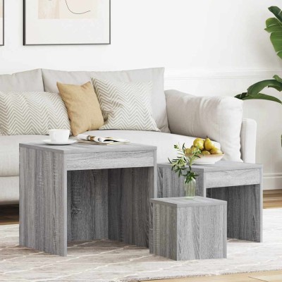 Mesas apilables 3 pzas madera contrachapada color gris Sonoma