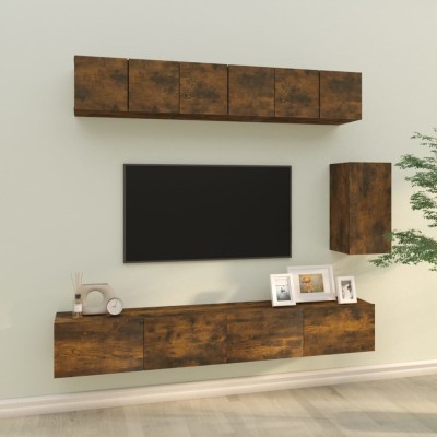 Set de muebles de TV 6 pzas madera contrachapada roble ahumado