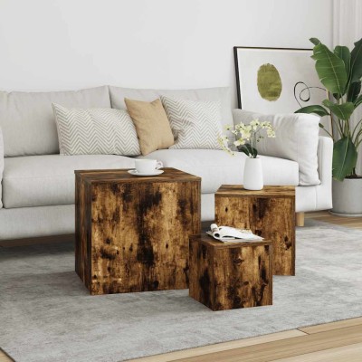 Mesitas auxiliares 3 piezas madera contrachapada roble ahumado
