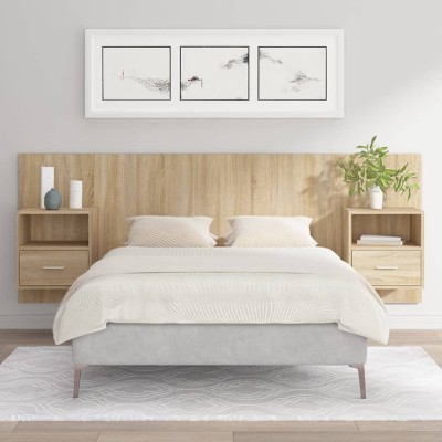 Cabecero de cama con mesitas madera contrachapada roble Sonoma