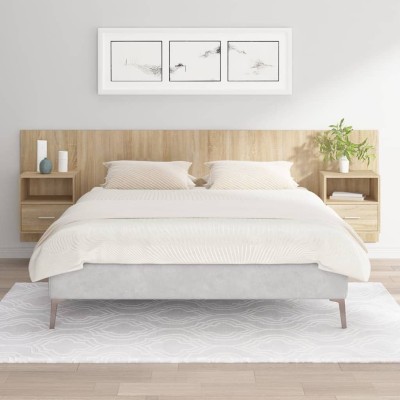Cabecero de cama con mesitas madera contrachapada roble Sonoma
