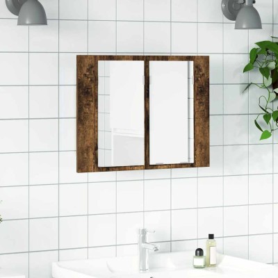 Armario con espejo LED madera roble ahumado 60x12x45 cm