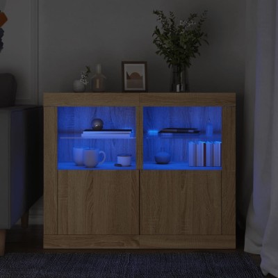 Mesitas de noche luces LED 2 uds madera ingeniería roble Sonoma