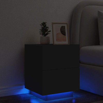 Mesita de noche con luces LED madera de ingeniería negra