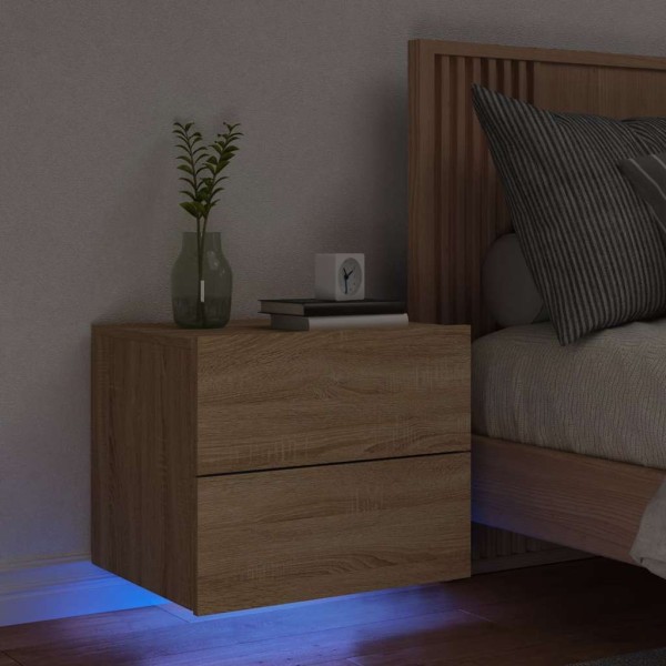 Mesita de noche de pared con luces LED roble Sonoma