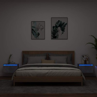 Mesitas de noche de pared con luces LED 2 uds gris hormigón