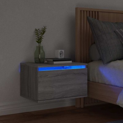 Mesita de noche de pared con luces LED gris Sonoma