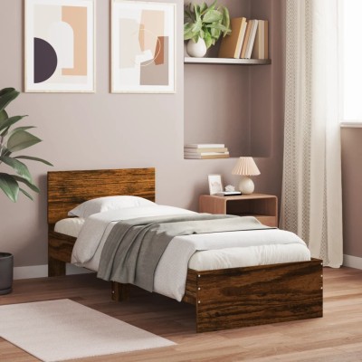 Cama con cabecero madera de ingeniería roble ahumado 90x200 cm