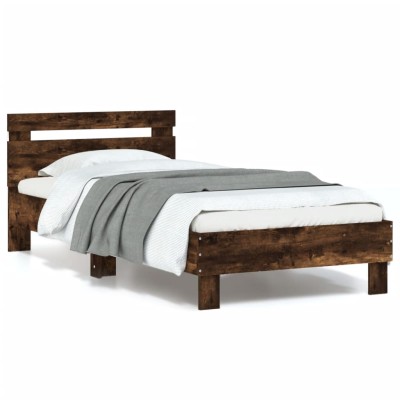 Estructura de cama cabecero luces LED roble ahumado 90x200 cm
