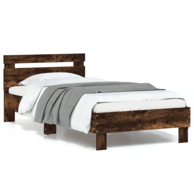 Estructura de cama cabecero luces LED roble ahumado 90x190 cm