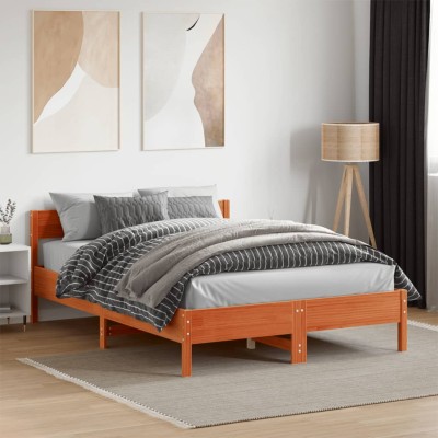 Cama sin colchón madera maciza de pino marrón cera 140x190 cm
