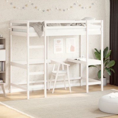 Cama alta con escritorio madera maciza pino blanca 90x200 cm