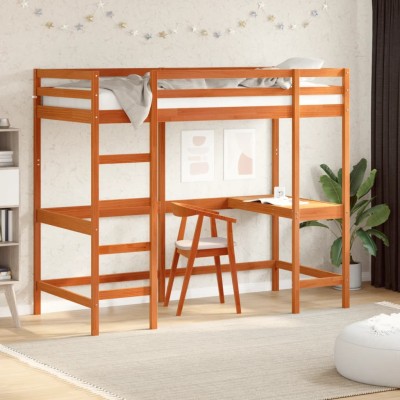 Cama alta con escritorio madera maciza pino marrón 90x200 cm