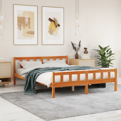 Cama sin colchón madera maciza pino marrón cera 150x200 cm