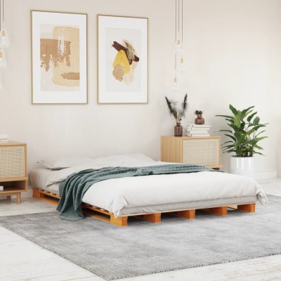Cama de palets madera maciza de pino marrón cera 140x200 cm