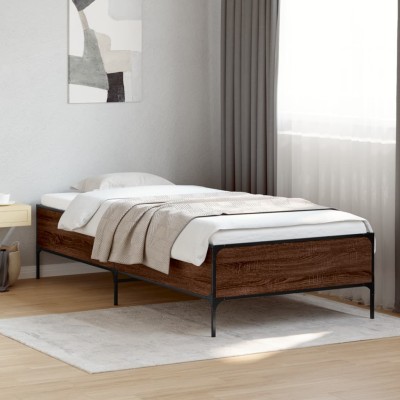 Estructura cama madera ingeniería metal marrón roble 90x190 cm