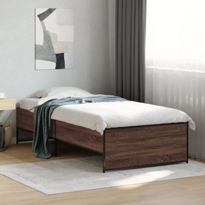 Estructura cama madera ingeniería metal roble marrón 90x200 cm