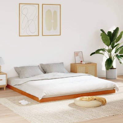 Cama sin colchón madera maciza de pino marrón cera 200x200 cm