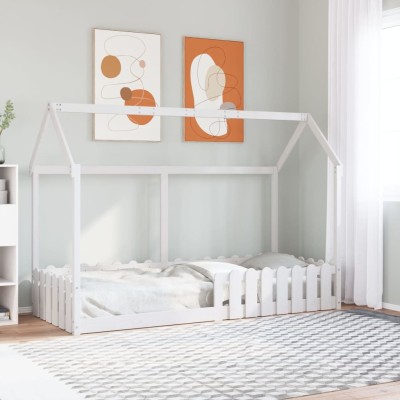 Cama con forma de casa de niños madera maciza blanca 80x200 cm