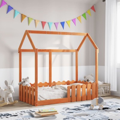 Cama con forma de casa de niños madera maciza marrón 70x140 cm