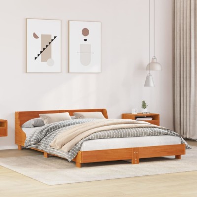 Cama sin colchón madera maciza de pino marrón cera 160x200 cm