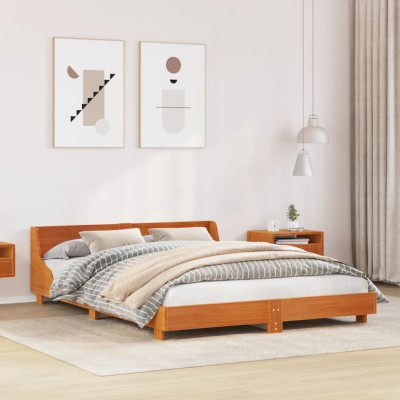 Cama sin colchón madera maciza de pino marrón cera 140x200 cm