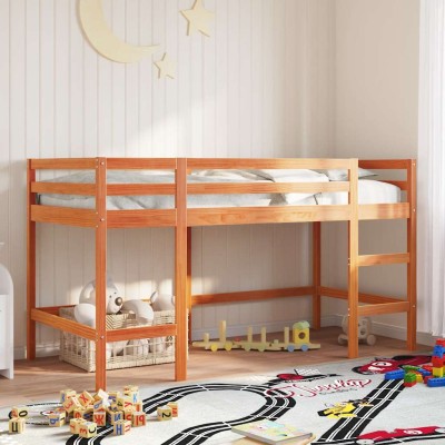 Cama alta de niños con escalera madera maciza marrón 80x200 cm