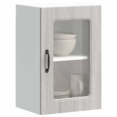 Armario de cocina de pared con puerta de cristal "Kalmar" de, madera de ingeniería Sonoma gris