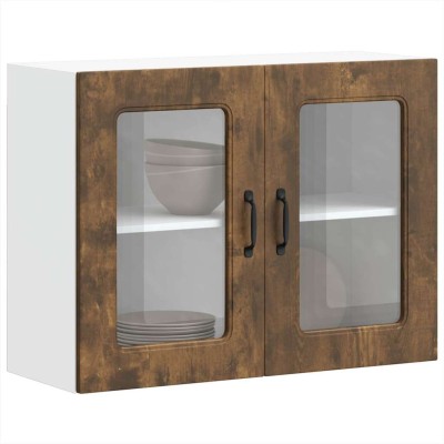 Armario de cocina de pared con puerta de cristal "Kalmar" de, roble ahumado, madera de ingeniería