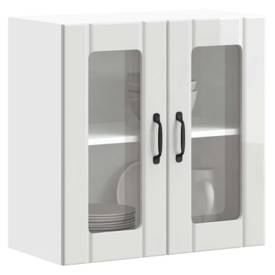 Armario de cocina de pared con puerta de cristal "Lucca", madera de ingeniería blanca brillante