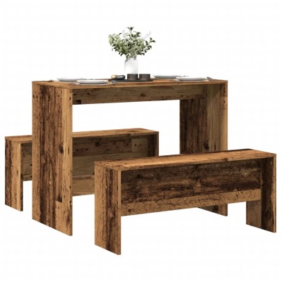 Mesa y bancos de comedor 3 pzas madera de ingeniería envejecida