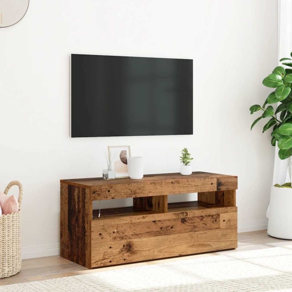 Mueble TV luces LED madera ingeniería envejecida 90x35x40 cm