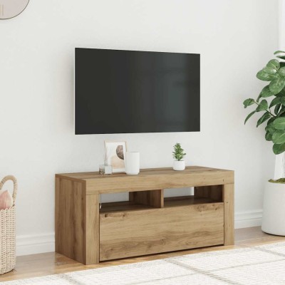 Mueble de TV luces LED madera roble artisan 90x35x40 cm