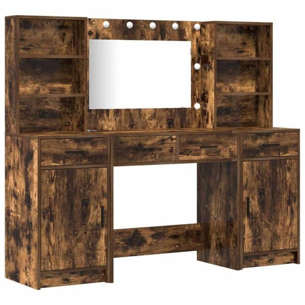 Conjunto de mesa de vestidor con LED 3 uds. Roble ahumado