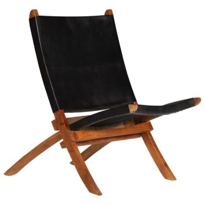 Silla plegable de cuero auténtico negro