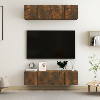Muebles TV pared 4 uds madera ingeniería roble humo 60x30x30cm