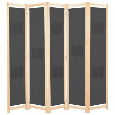 Biombo divisor 5 paneles de tela gris 200x170x4 cm