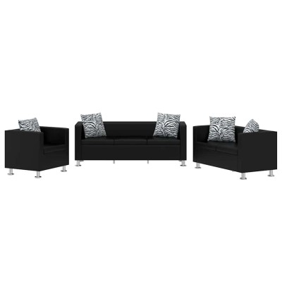 Conjunto de sofás de 2 y 3 plazas y sillón de cuero artificial negro