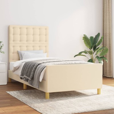 Estructura de cama con cabecero de tela color crema 90x190 cm