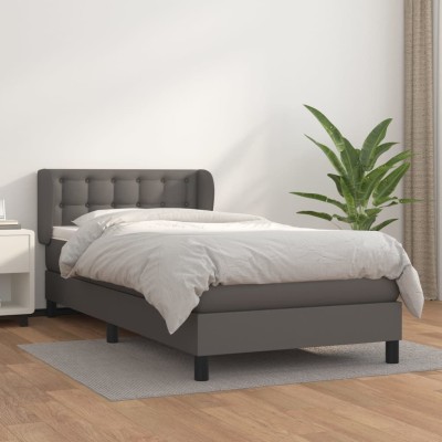 Cama box spring con colchón cuero sintético gris 100x200 cm