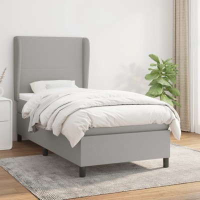 Cama box spring con colchón tela gris claro 90x190 cm