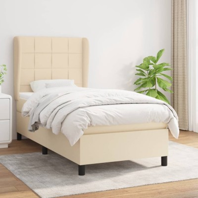 Cama box spring con colchón tela color crema 100x200 cm