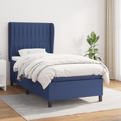Cama box spring con colchón tela azul 80x200 cm