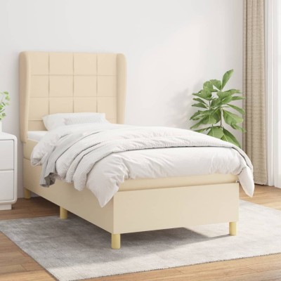 Cama box spring con colchón tela color crema 90x190 cm