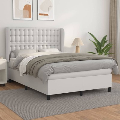 Cama box spring con colchón cuero sintético blanco 140x200cm