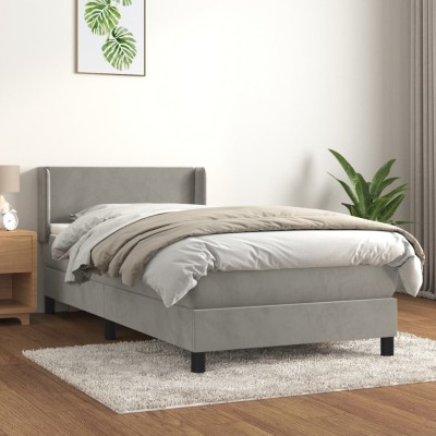 Cama box spring con colchón terciopelo gris claro 100x200 cm