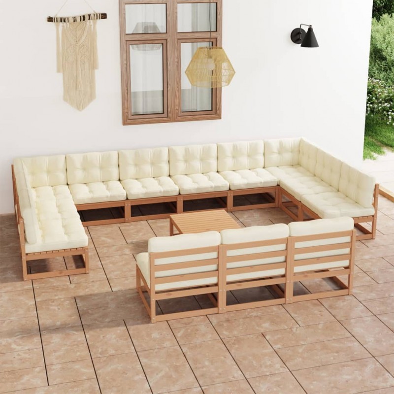 Set de muebles de jardín 14 pzs cojines madera pino marrón miel
