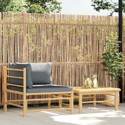 Set de muebles de jardín 2 piezas bambú y cojines gris oscuro