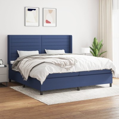 Cama box spring con colchón tela azul 200x200 cm