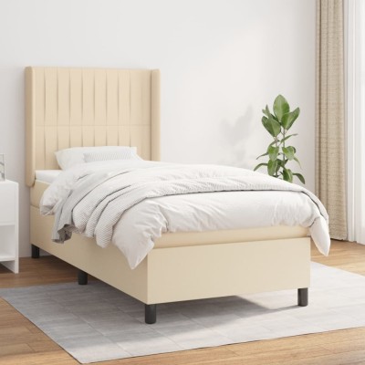 Cama box spring con colchón tela color crema 100x200 cm